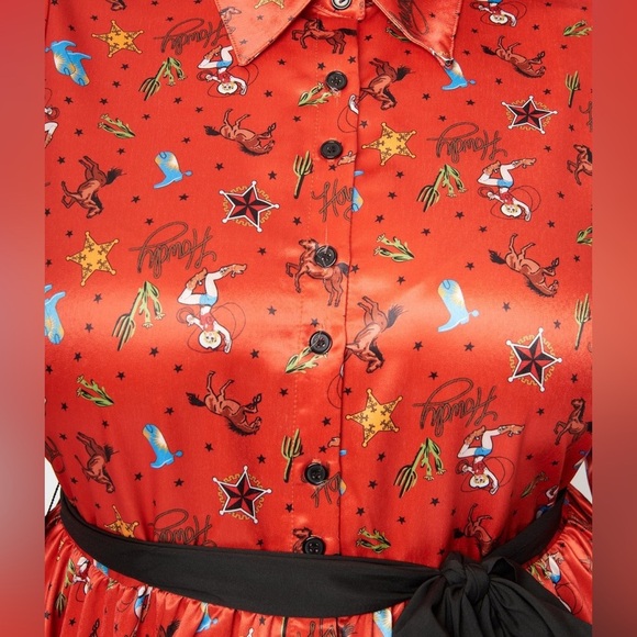 UNIQUE VINTAGE RUST Red Silk Western Print ROCKABILLY Dress with Tie NWT Howdy - Picture 3 of 12